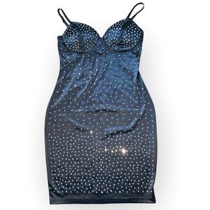 YAYA & CO. Black Satin Crystal Diamond Embellished Evening Midi Dress Size Large